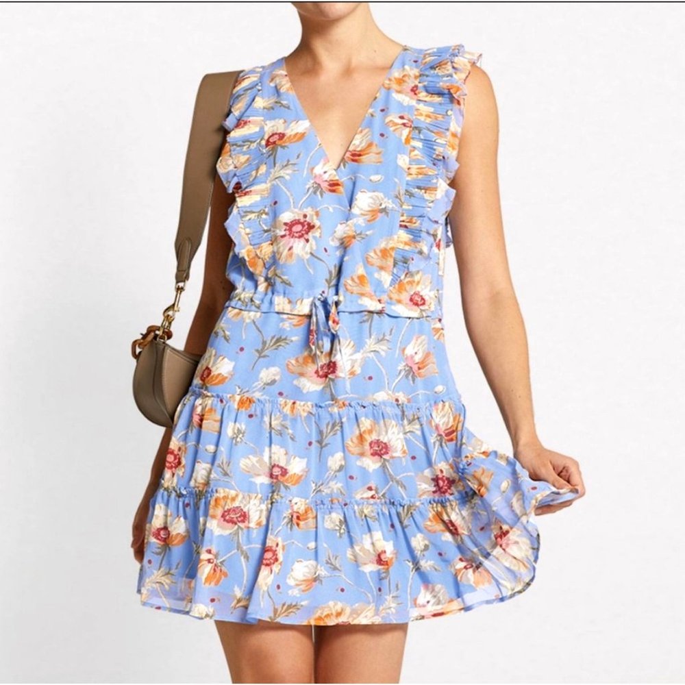 PAIGE Blue Floral Ruffle Mini Dress